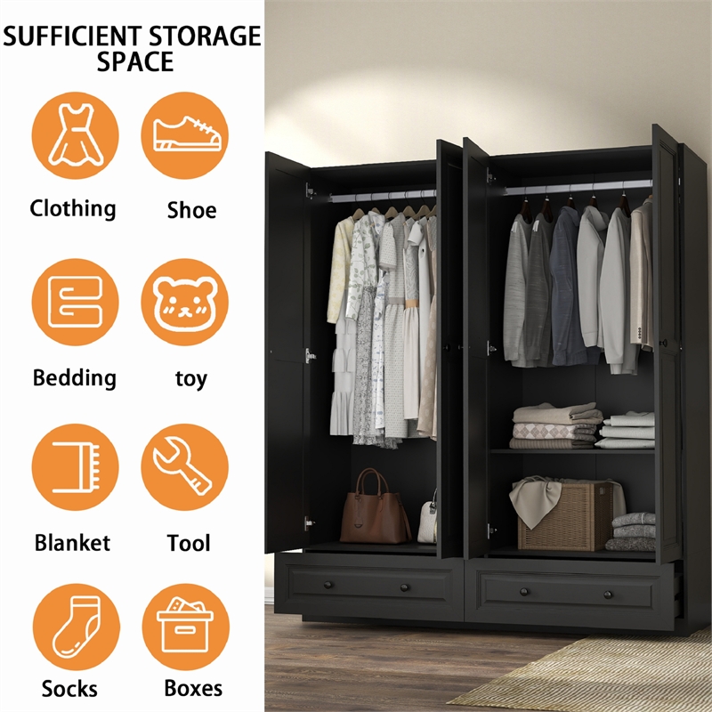 Pemberly Row Modern Large Wardrobe Armoire with 4 Doors and 2 Drawers in Black