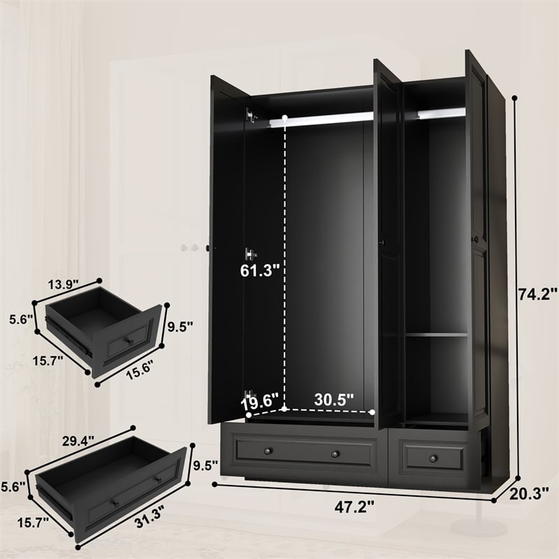 Pemberly Row 3-Door Wardrobe Armoire with 2 Drawers and Hanging Rods in Black