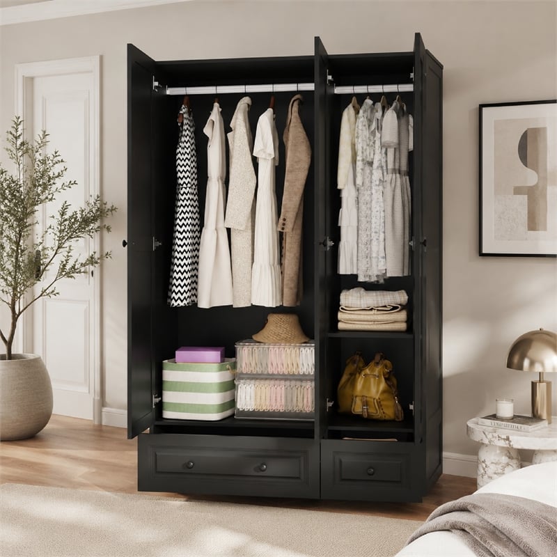 Pemberly Row 3-Door Wardrobe Armoire with 2 Drawers and Hanging Rods in Black