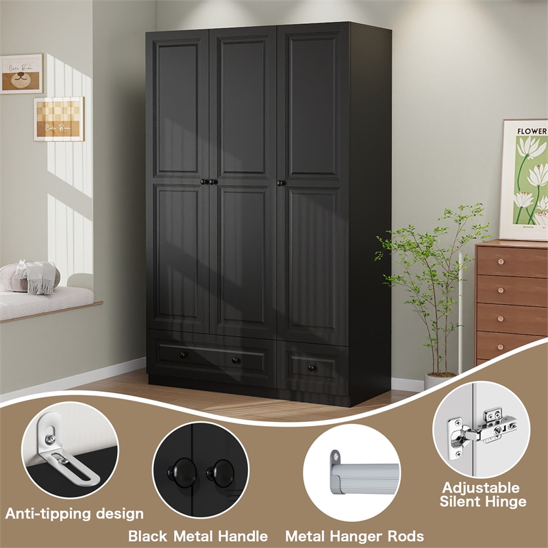 Pemberly Row 3-Door Wardrobe Armoire with 2 Drawers and Hanging Rods in Black