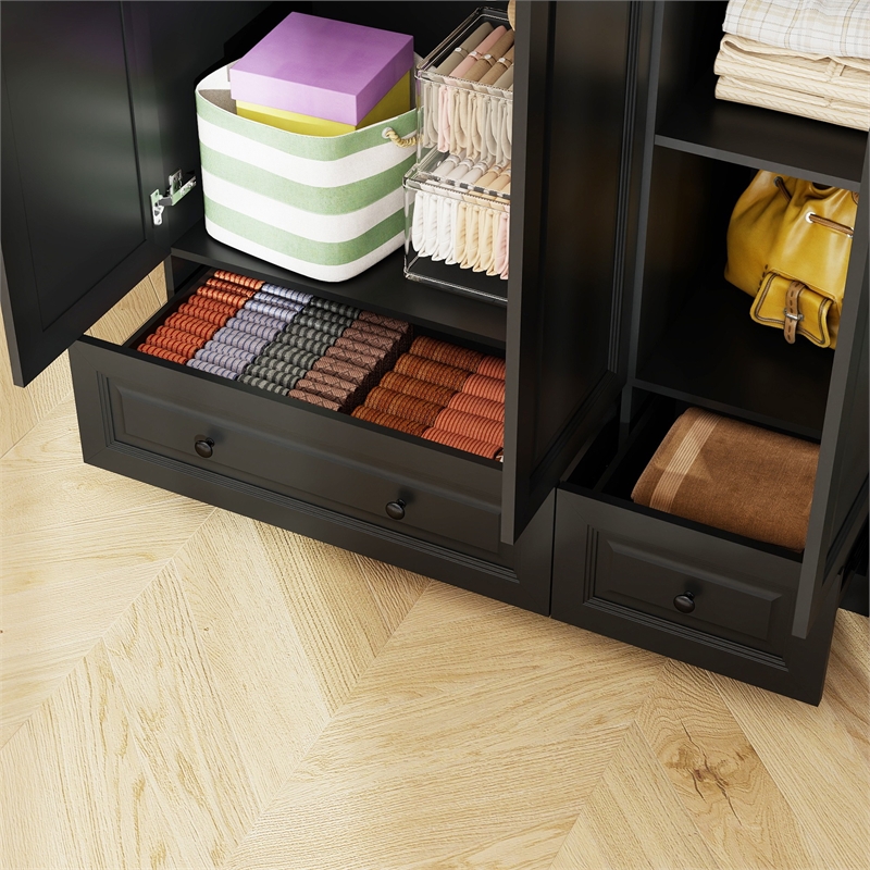 Pemberly Row 3-Door Wardrobe Armoire with 2 Drawers and Hanging Rods in Black