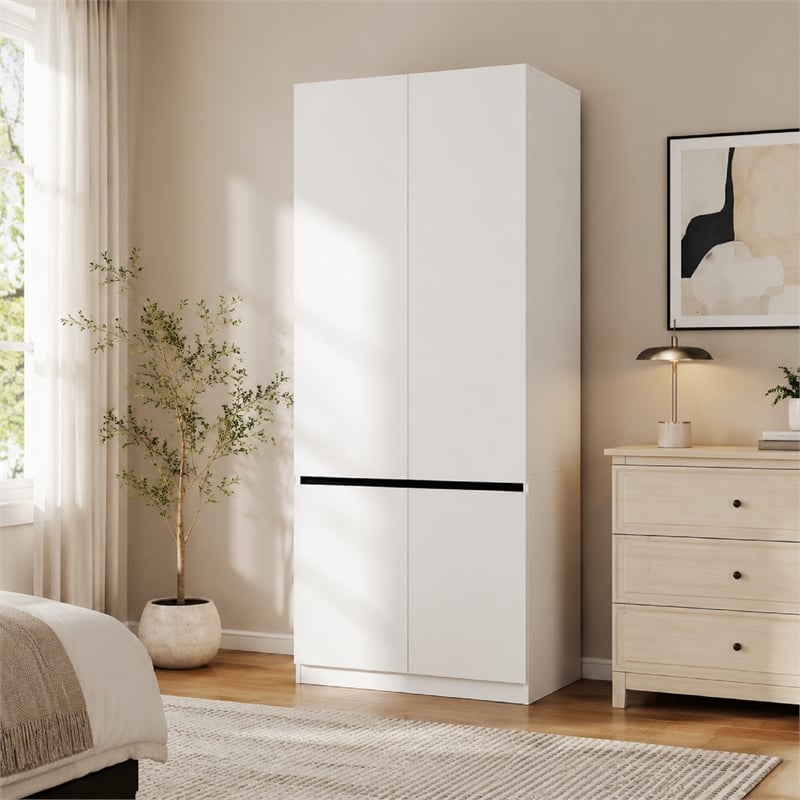 Pemberly Row Modern Wardrobe Armoire with Hanging Rod in White Finish