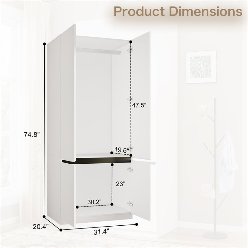 Pemberly Row Modern Wardrobe Armoire with Hanging Rod in White Finish