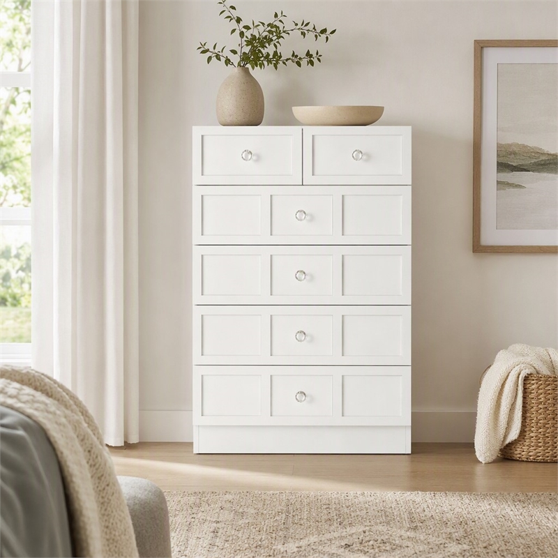 Pemberly Row Modern 5 Drawer Dresser Chest with Crystal Knobs White