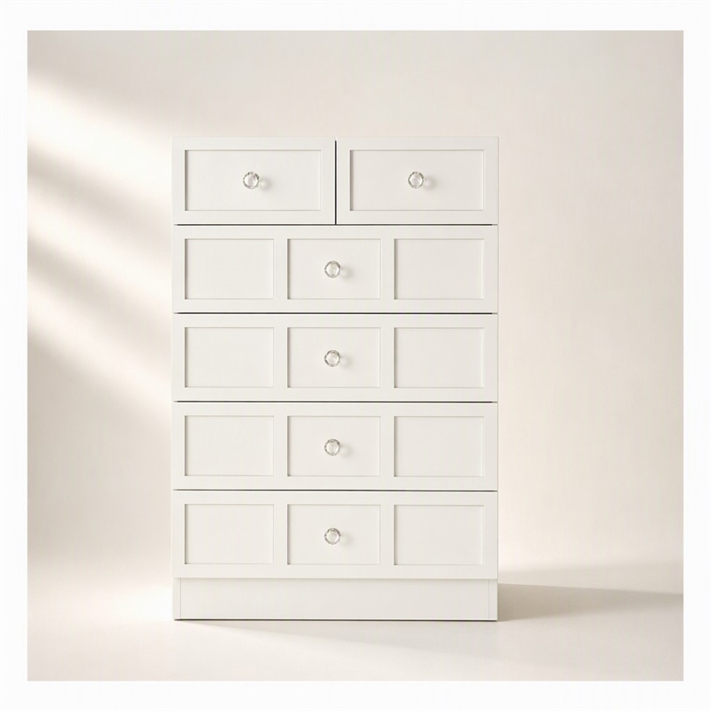 Pemberly Row Modern 5 Drawer Dresser Chest with Crystal Knobs White
