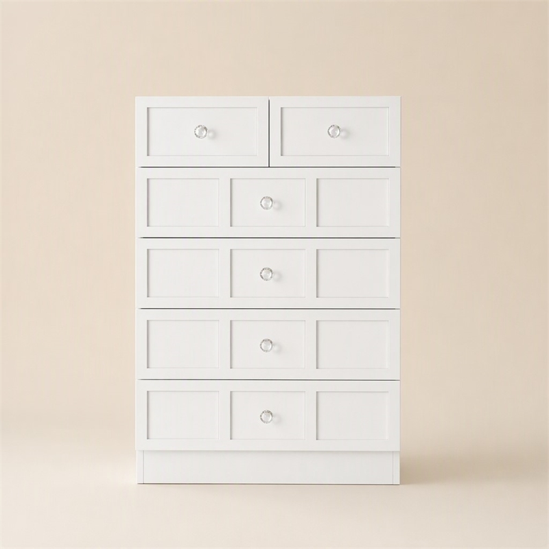 Pemberly Row Modern 5 Drawer Dresser Chest with Crystal Knobs White