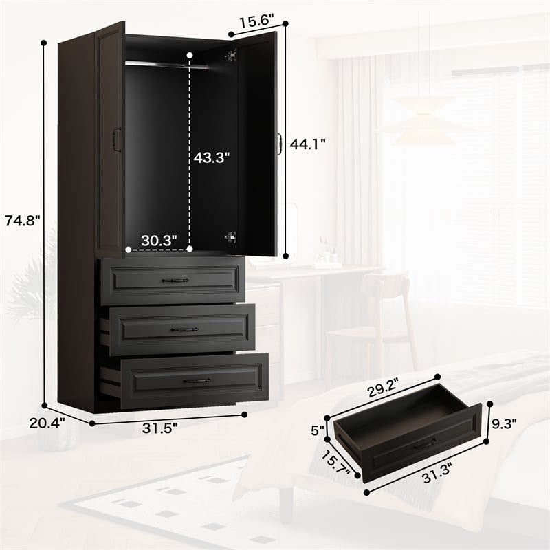Pemberly Row Wardrobe Armoire with 3 Drawers and Hanging Rod Black
