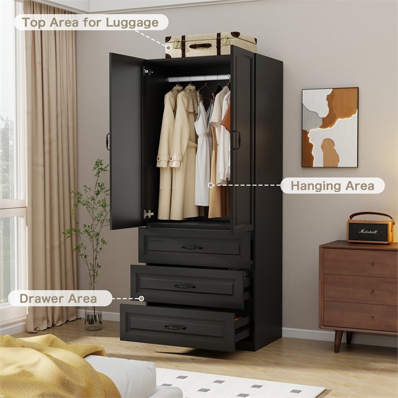 Pemberly Row Wardrobe Armoire with 3 Drawers and Hanging Rod Black