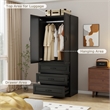 Pemberly Row Wardrobe Armoire with 3 Drawers and Hanging Rod Black