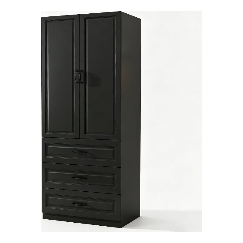 Pemberly Row Wardrobe Armoire with 3 Drawers and Hanging Rod Black