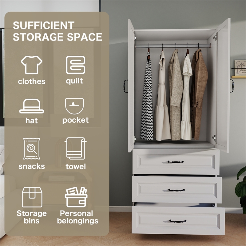 Pemberly Row Wardrobe Armoire with 3 Drawers and Hanging Rod White