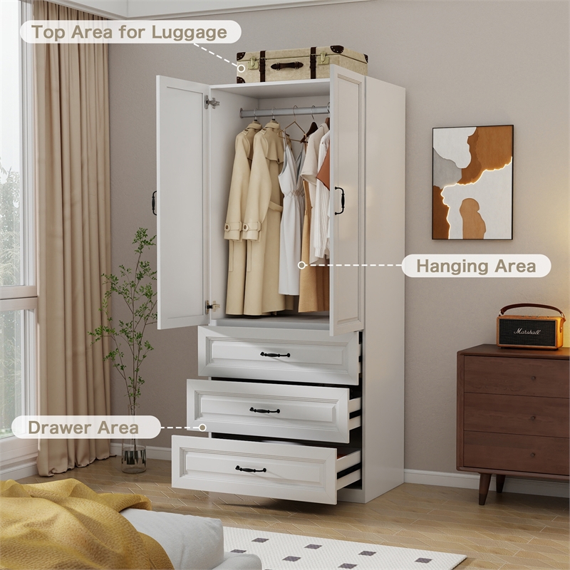 Pemberly Row Wardrobe Armoire with 3 Drawers and Hanging Rod White