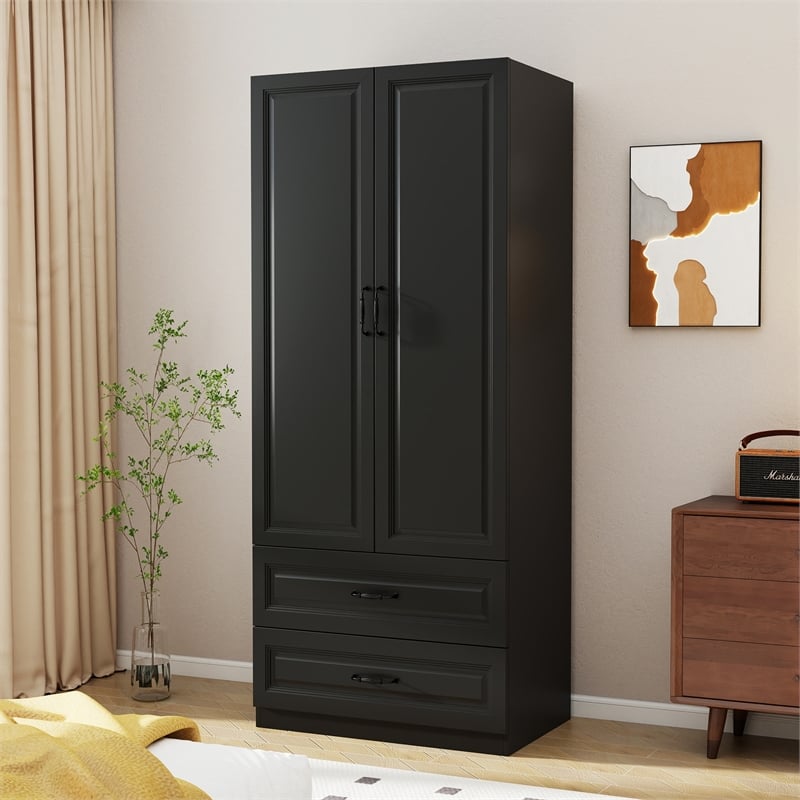 Pemberly Row Armoire Wardrobe Closet with 2 Doors and 2 Drawers Black