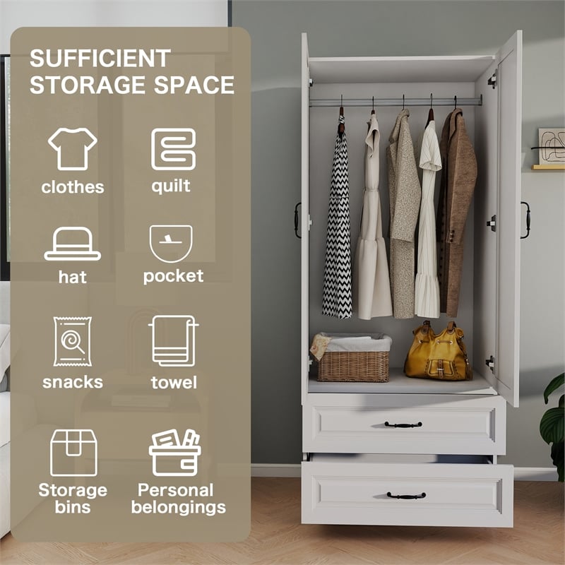 Pemberly Row Wardrobe Armoire with 2 Doors & 2 Drawers in White Finish