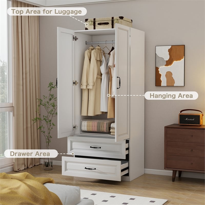 Pemberly Row Wardrobe Armoire with 2 Doors & 2 Drawers in White Finish