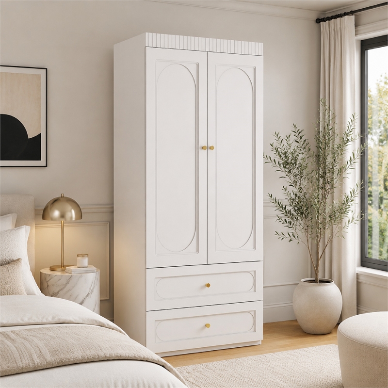 Pemberly Row Modern 2-Drawer Wardrobe Armoire with Hanging Rod in White