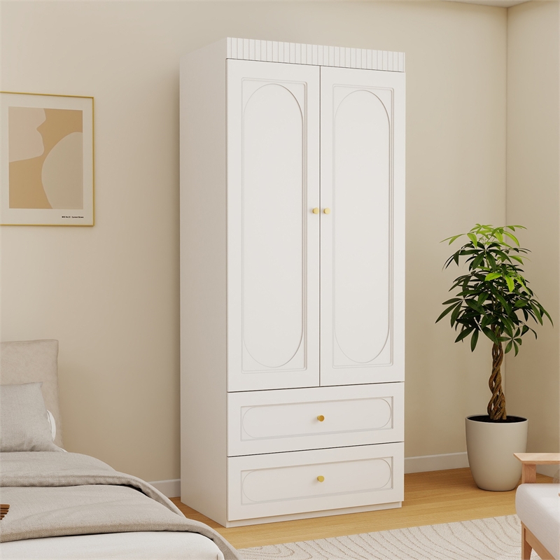 Pemberly Row Modern 2-Drawer Wardrobe Armoire with Hanging Rod in White