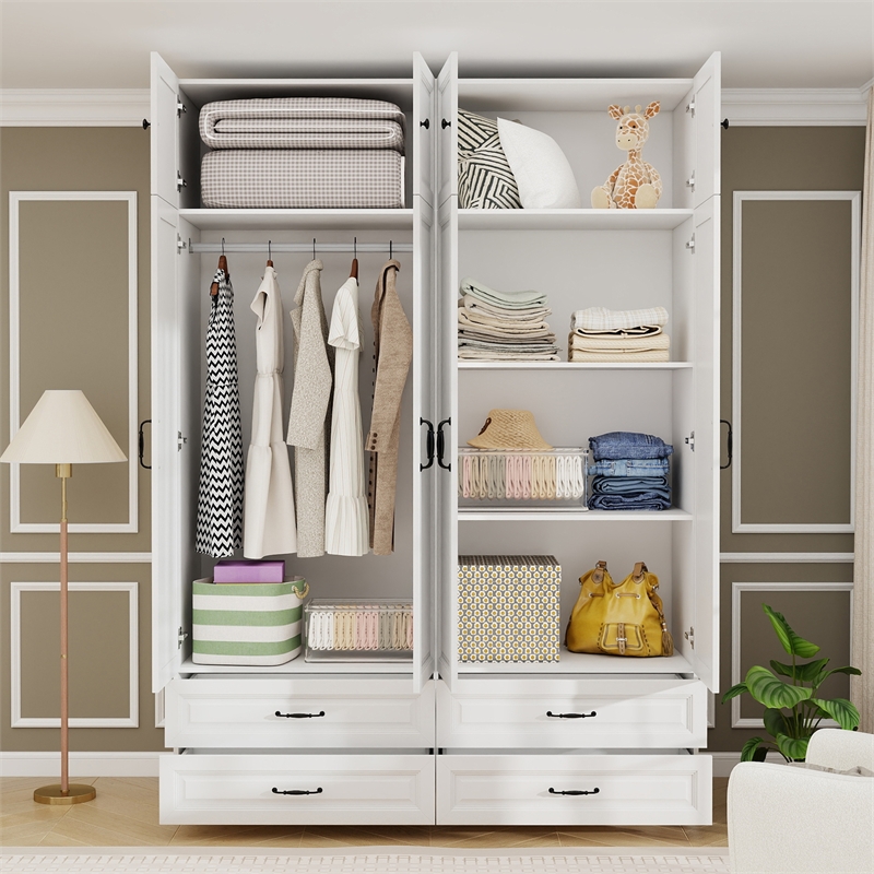 Pemberly Row Wardrobe Armoire 4 Drawers w/ Hanging Rod in White Finish