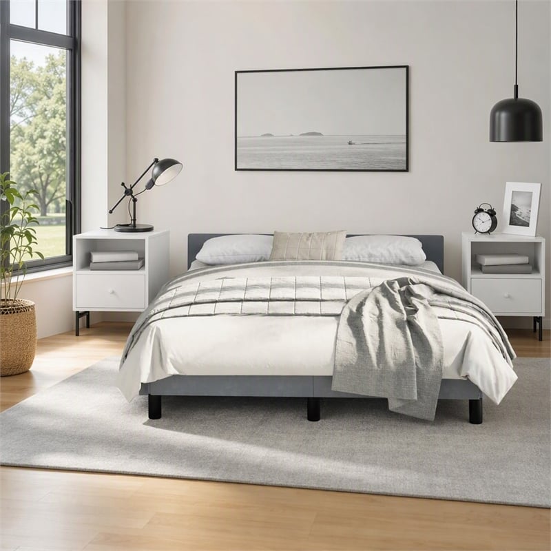 Pemberly Row Velvet Full Bed Frame in Dark Gray Upholstery