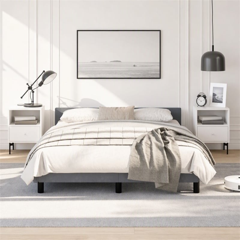 Pemberly Row Velvet Full Bed Frame in Dark Gray Upholstery