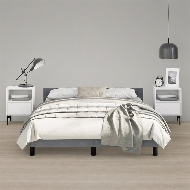 Pemberly Row Velvet Full Bed Frame in Dark Gray Upholstery