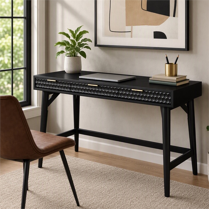 Pemberly Row Large Wood Desk in Black with Gold Hardware