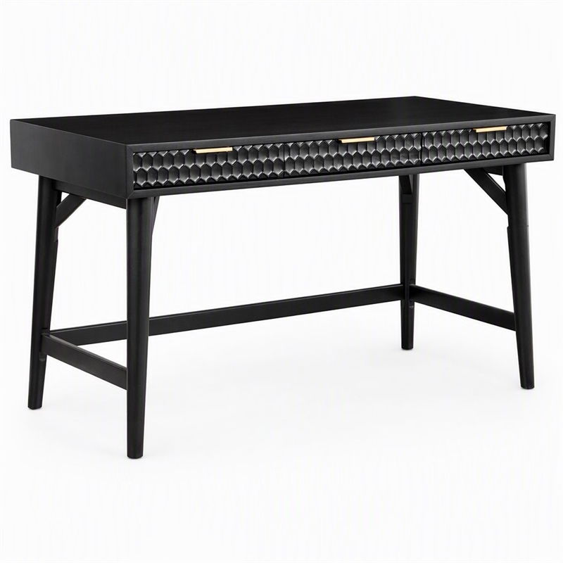 Pemberly Row Large Wood Desk in Black with Gold Hardware
