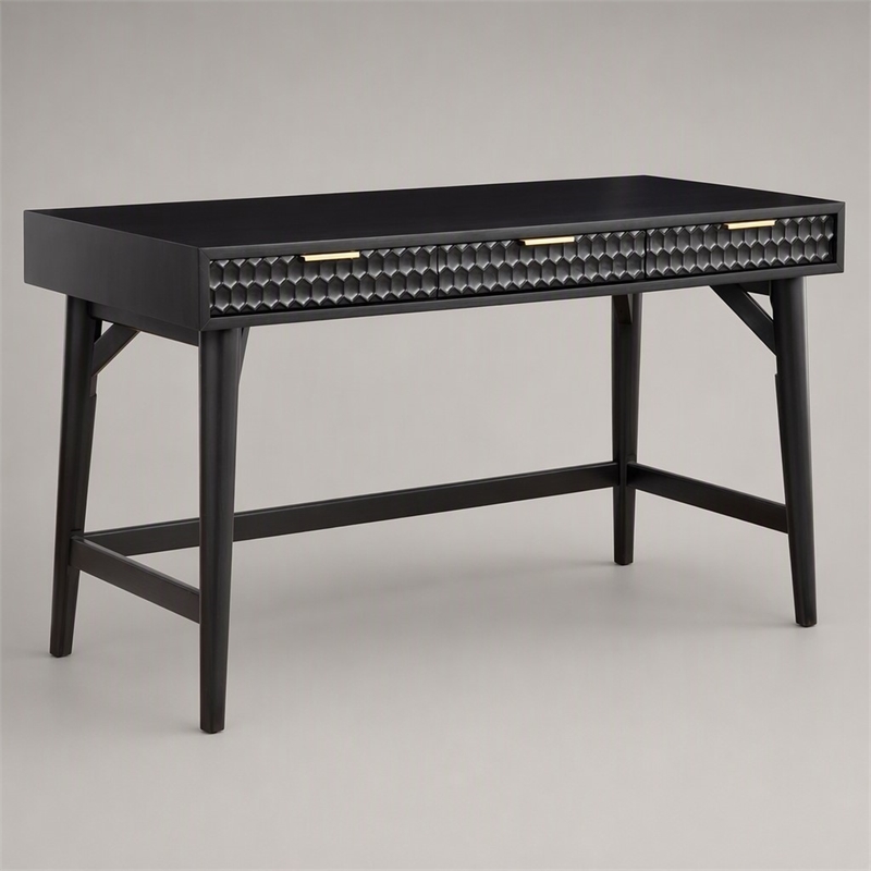 Pemberly Row Large Wood Desk in Black with Gold Hardware