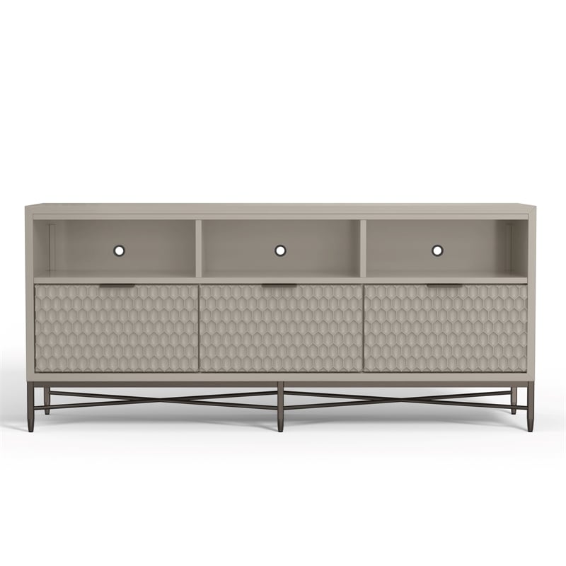 Pemberly Row 3 Drawer Mahogany TV Console in Taupe with Pewter Accents