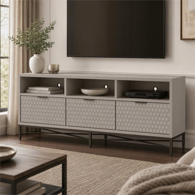 Pemberly Row 3 Drawer Mahogany TV Console in Taupe with Pewter Accents