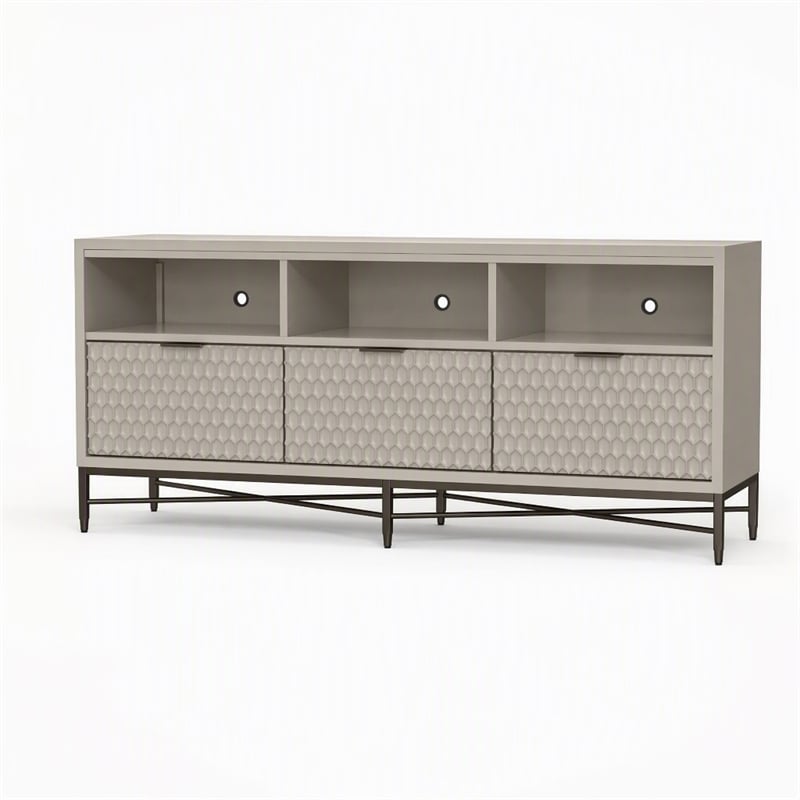 Pemberly Row 3 Drawer Mahogany TV Console in Taupe with Pewter Accents