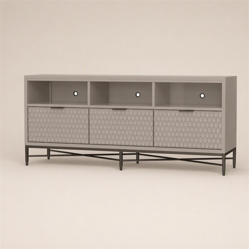 Pemberly Row 3 Drawer Mahogany TV Console in Taupe with Pewter Accents