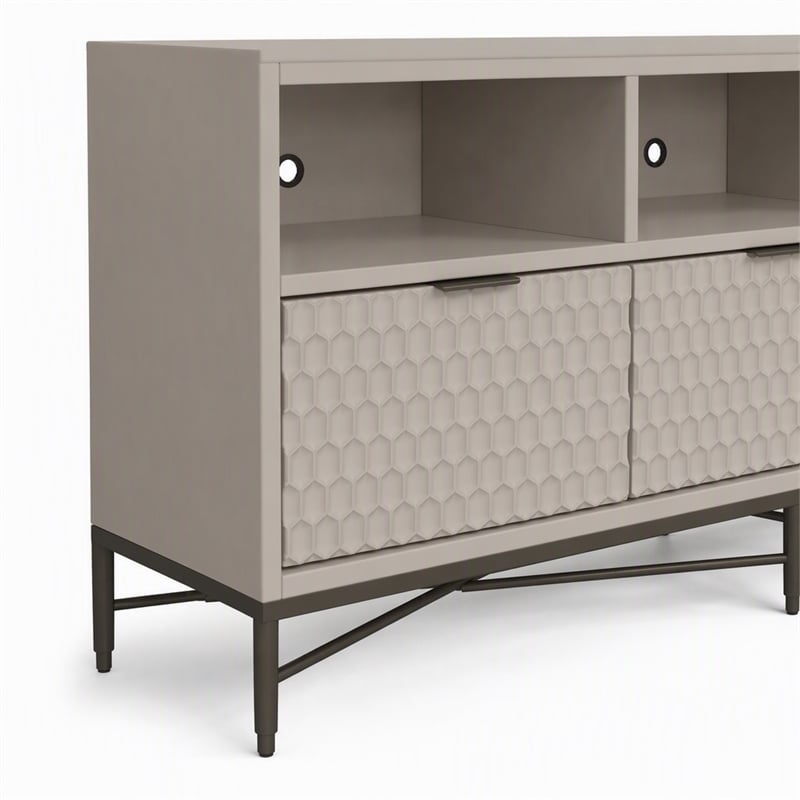 Pemberly Row 3 Drawer Mahogany TV Console in Taupe with Pewter Accents