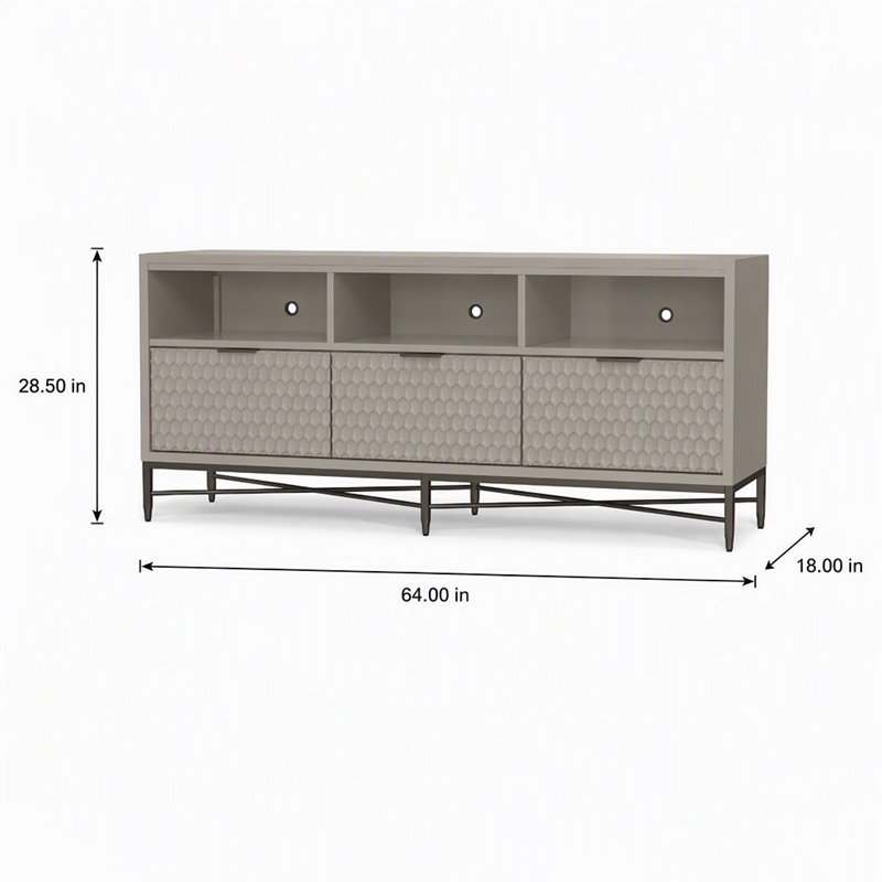 Pemberly Row 3 Drawer Mahogany TV Console in Taupe with Pewter Accents