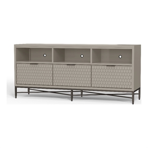Pemberly Row 3 Drawer Mahogany TV Console in Taupe with Pewter Accents