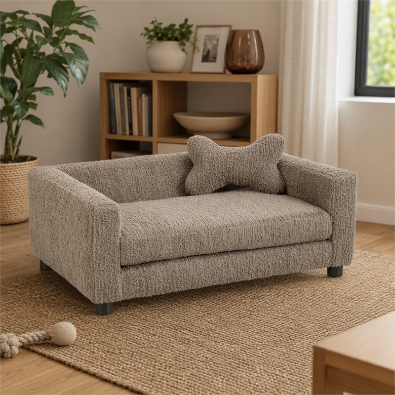 Pemberly Row Faux Fur Dog Sofa Bed with Bone-Shaped Pillow