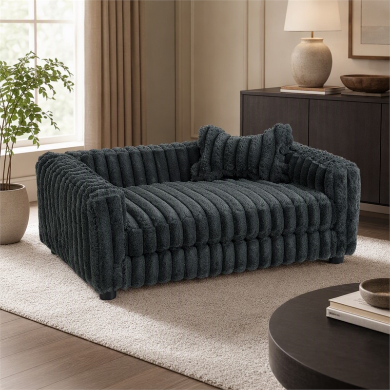 Pemberly Row Faux Fur Dog Bed with Bone Pillow in Gunmetal Gray