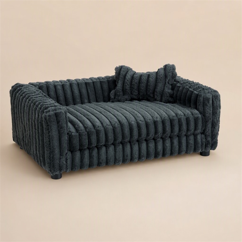 Pemberly Row Faux Fur Dog Bed with Bone Pillow in Gunmetal Gray