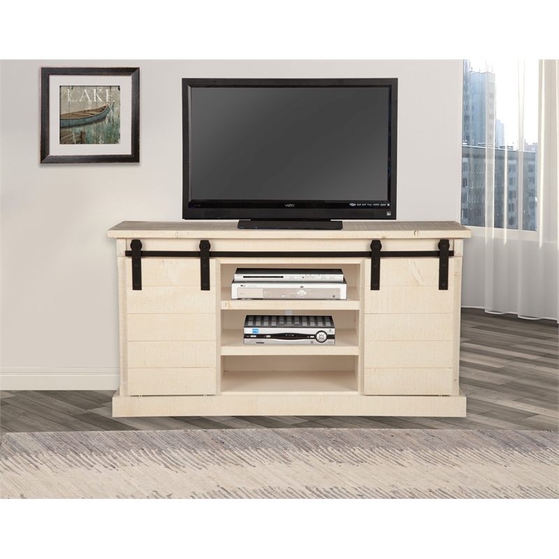 Pemberly Row Barn Door TV Console in Rustic White Fir Finish