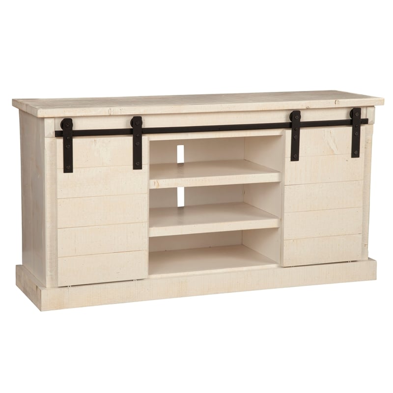 Pemberly Row Barn Door TV Console in Rustic White Fir Finish