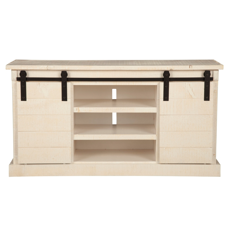 Pemberly Row Barn Door TV Console in Rustic White Fir Finish