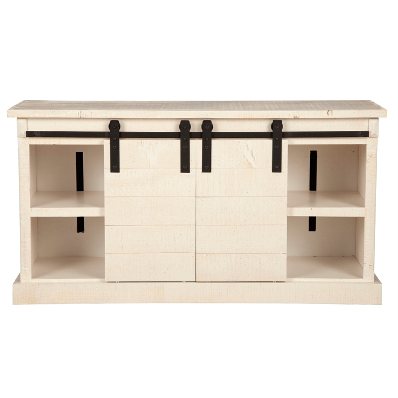 Pemberly Row Barn Door TV Console in Rustic White Fir Finish