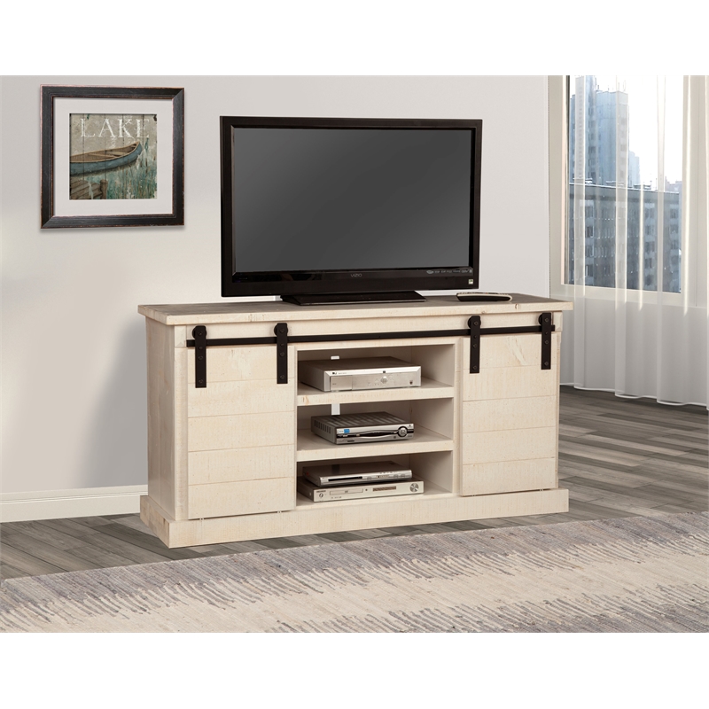 Pemberly Row Barn Door TV Console in Rustic White Fir Finish