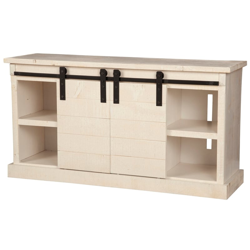 Pemberly Row Barn Door TV Console in Rustic White Fir Finish