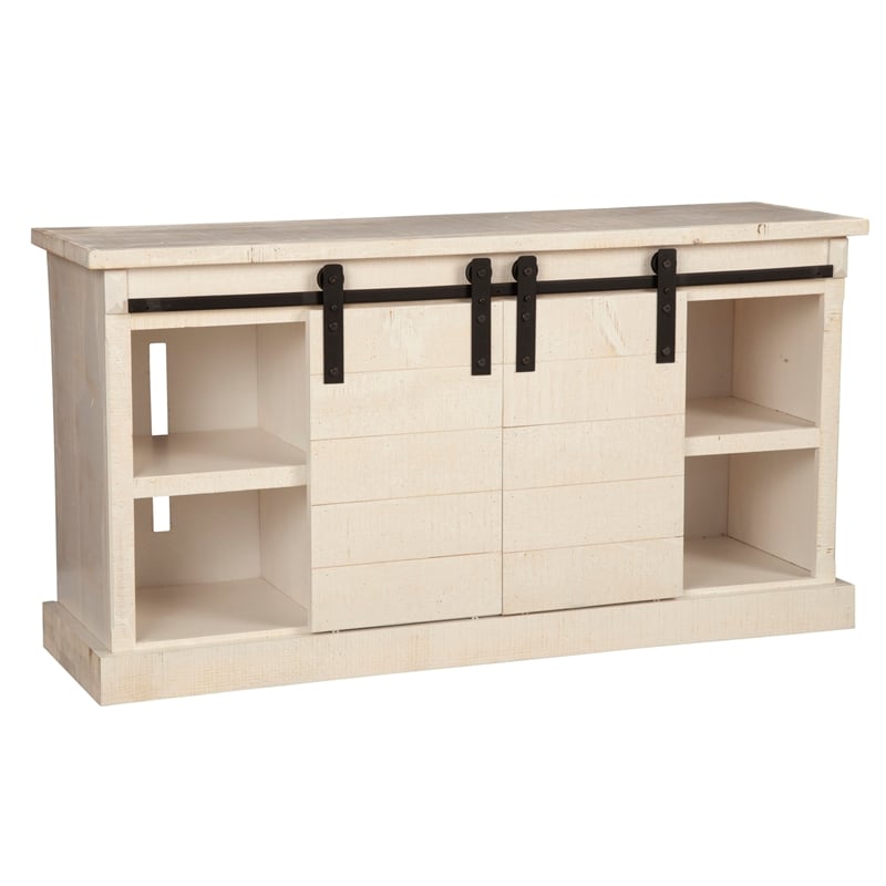 Pemberly Row Barn Door TV Console in Rustic White Fir Finish