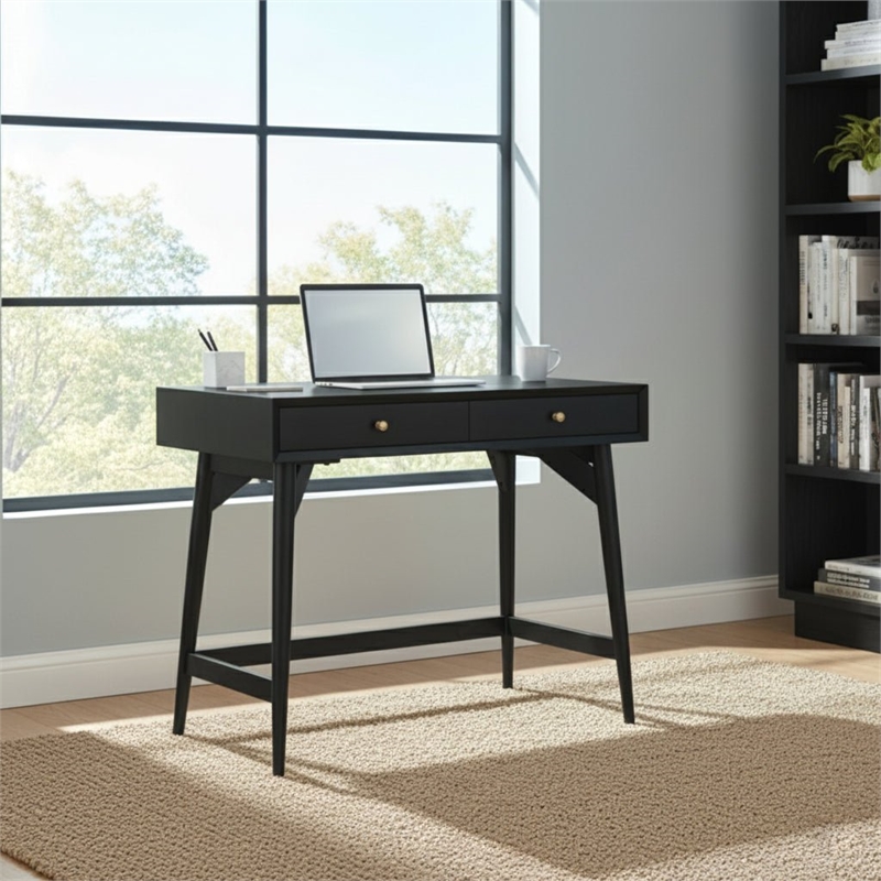 Pemberly Row Flynn 2-Drawer Mini Desk Mahogany Veneer Black Finish