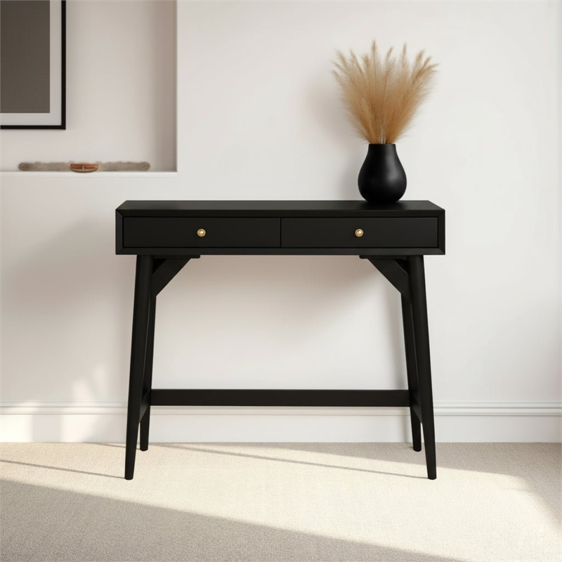 Pemberly Row Flynn 2-Drawer Mini Desk Mahogany Veneer Black Finish