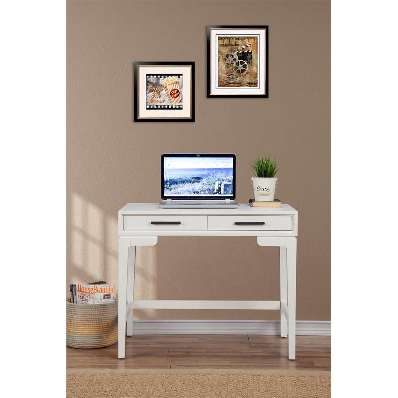 Pemberly Row Nova Mini White Mahogany Desk with 2 Drawers