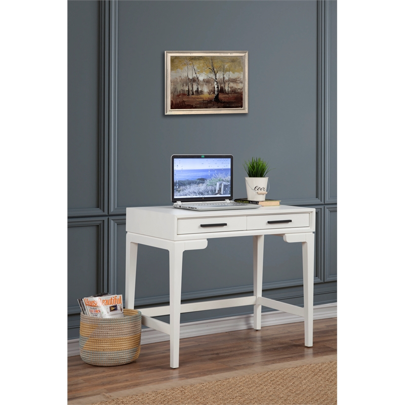 Pemberly Row Nova Mini White Mahogany Desk with 2 Drawers