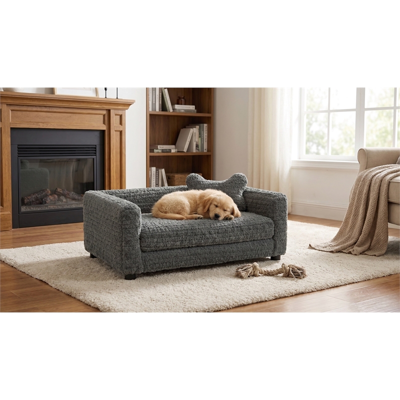 Pemberly Row Faux Fur Dog Bed with Bone Pillow in Plush Fabric
